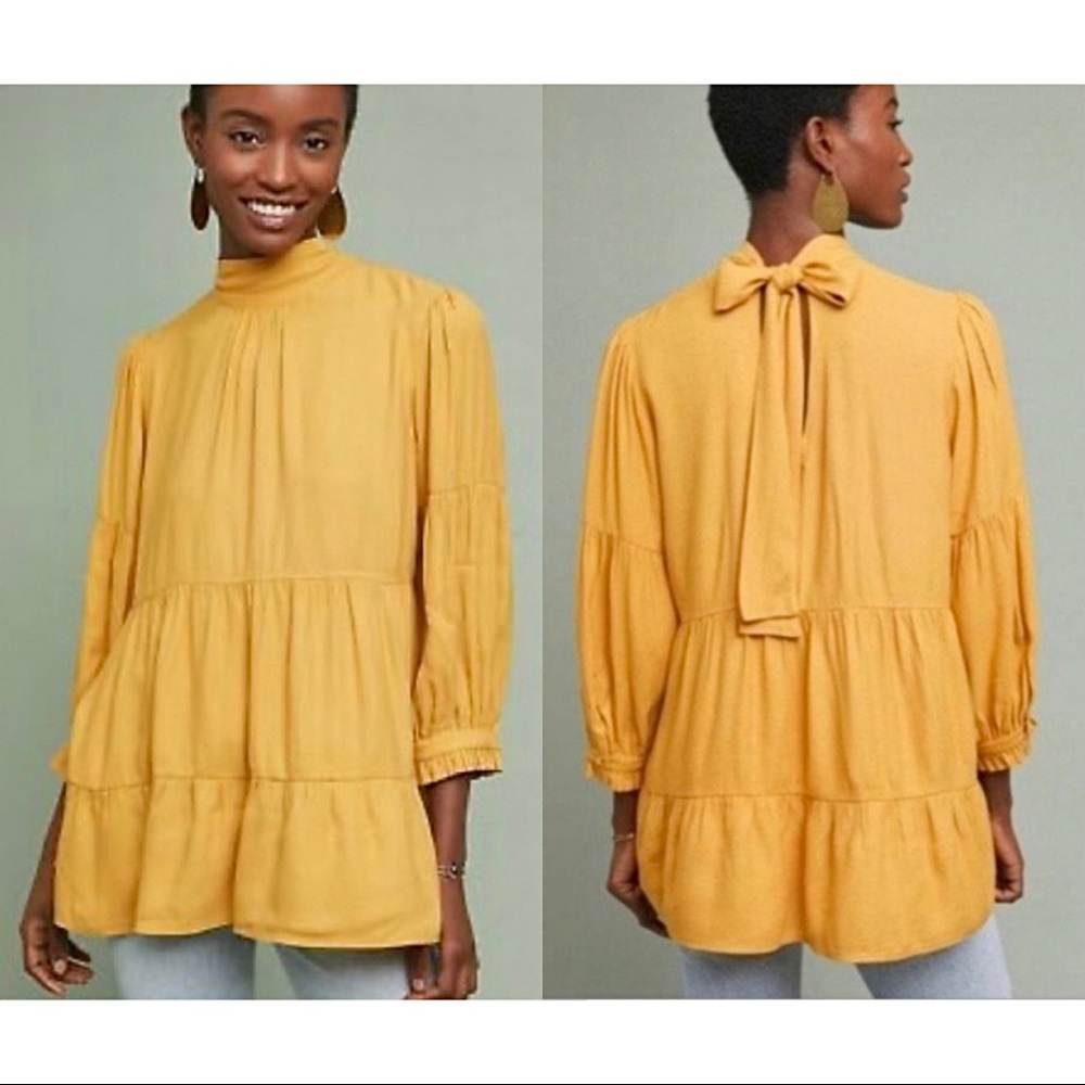 Maeve Anthropologie Top Blouse Long Sleeve Yellow Boho Goldie Tiered Bow size XS